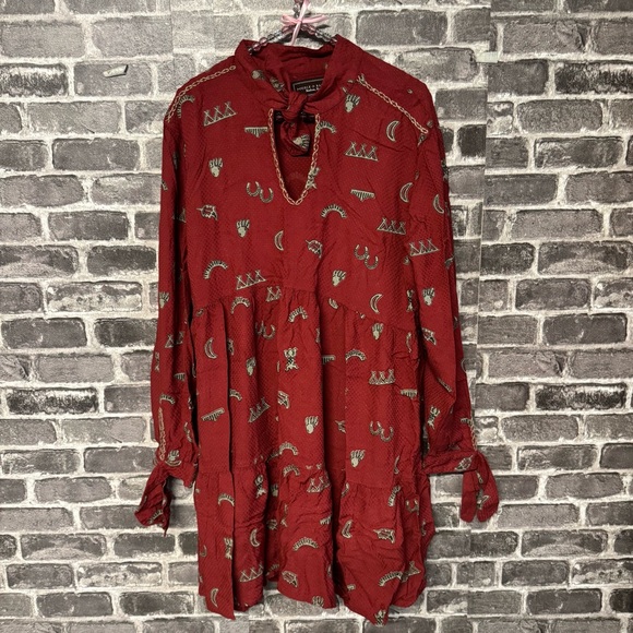 Double D Ranch Red Tiered Western Trails Tie Rodeo Cowgirl Midi dress - Picture 2 of 13